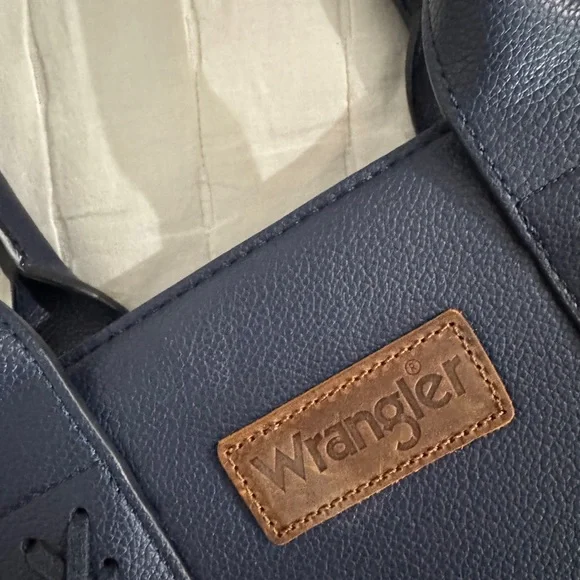 Navy Blue Wrangler Purse/Tote with Braided Accents, Brown Interior Medium Size - Picture 3 of 4